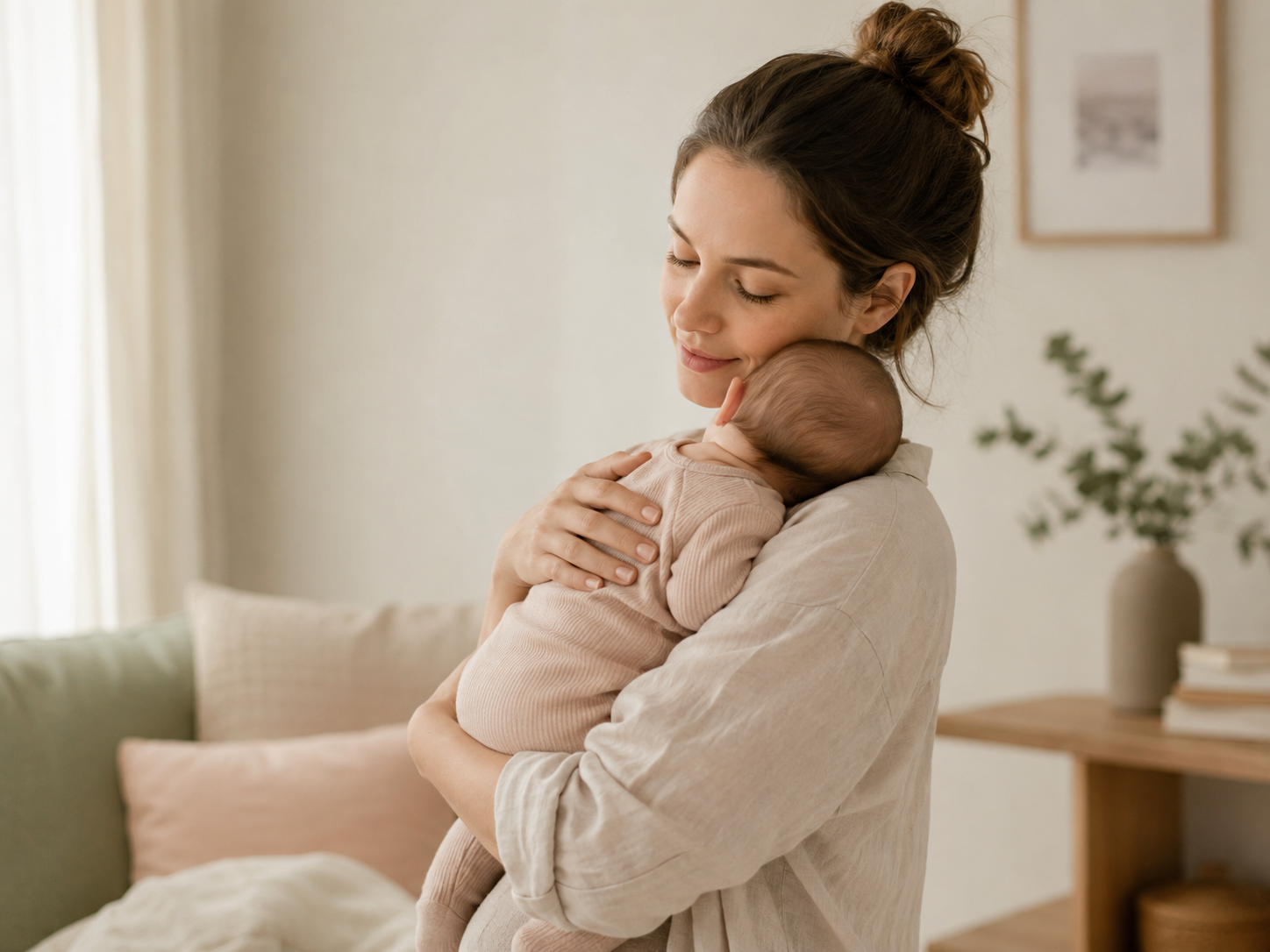 A mother holding her baby in soft afternoon light
